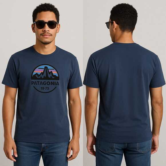 Patagonia Shirt Mens Large Blue Slim Fit Crew Neck Fitz Roy Scope Logo USA Made - Picture 1 of 9